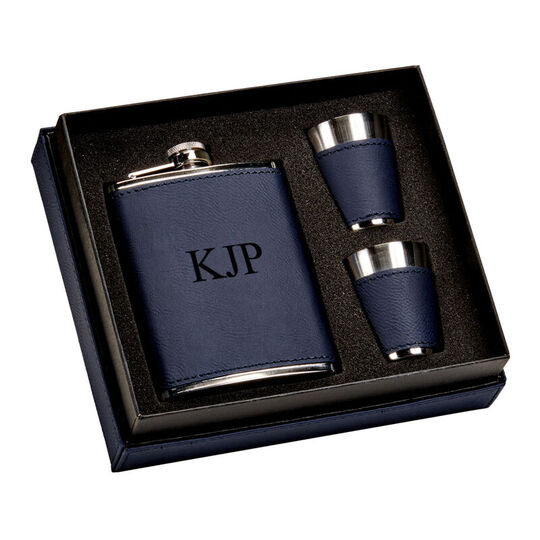 Navy Leatherette Flask and 2 Cups